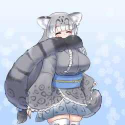 Rule 34 | 1girl, animal ear fluff, animal ears, animal print, arms at sides, biting own tail, black hair, blush, closed eyes, cowboy shot, frilled sleeves, frills, grey hair, highres, japanese clothes, kemono friends, kimono, long hair, long sleeves, long tail, miniskirt, mo23, mouth hold, multicolored hair, pleated skirt, print kimono, print skirt, print thighhighs, skirt, sleeves past wrists, snow leopard (kemono friends), snow leopard ears, snow leopard girl, snow leopard tail, solo, tail, thighhighs, very long hair, white hair, wide sleeves, zettai ryouiki