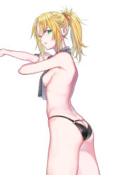 Rule 34 | 1girl,  cutout, ass, blonde hair, breasts, butt crack, fate/apocrypha, fate (series), green eyes, highres, long hair, looking at viewer, mordred (fate), mordred (fate/apocrypha), nipi27, ponytail, sideboob, simple background, solo, towel, underwear, white background