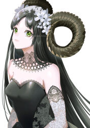 Rule 34 | 1girl, bare shoulders, black dress, black hair, breasts, closed mouth, commentary, curled horns, detached collar, dress, elbow gloves, english commentary, eyelashes, flower, frown, gloves, green eyes, hair flower, hair ornament, horns, lace, lace collar, lace gloves, long hair, looking at viewer, medium breasts, noki (affabile), original, sheep horns, simple background, small breasts, solo, strapless, strapless dress, twitter username, upper body, veil, very long hair, white background, white flower, white gloves
