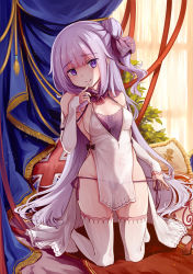 Rule 34 | 1girl, alternate costume, azur lane, bare shoulders, blush, breasts, commentary request, detached sleeves, dress, hair ornament, highres, indoors, long hair, looking at viewer, medium breasts, one side up, panties, purple eyes, purple hair, purple panties, rhineheim, solo, thighhighs, underwear, unicorn (azur lane), union jack, very long hair, white thighhighs
