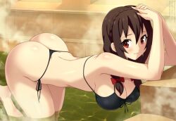 Rule 34 | 1girl, arm support, ass, bare shoulders, bikini, black bikini, blush, bow, braid, breasts, brown hair, commentary, commission, dimples of venus, english commentary, from side, hair between eyes, hair bow, hands up, hanging breasts, kono subarashii sekai ni shukufuku wo!, large breasts, lindaroze, looking at viewer, parted lips, red bow, red eyes, shiny skin, solo, steam, swimsuit, thighs, thong bikini, twisted torso, twitter username, water, watermark, web address, yunyun (konosuba)