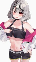 Rule 34 | 1girl, :d, amane (andwys9por1), bare shoulders, belt, black choker, black hair, black shorts, blush, braid, breasts, choker, cleavage, collarbone, cosplay, cowboy shot, cropped jacket, cropped shirt, dot nose, grey hair, hair ornament, hand on own hip, highres, hololive, jacket, large breasts, legs apart, long sleeves, looking at viewer, medium hair, multicolored hair, off shoulder, open clothes, open jacket, open mouth, pink jacket, red eyes, sakamata chloe, shirt, short shorts, shorts, simple background, sleeveless, sleeveless shirt, smile, solo, sweat, tokoyami towa, tokoyami towa (cosplay), two-sided fabric, two-sided jacket, two-tone hair, virtual youtuber, white background, white belt, white jacket, x hair ornament