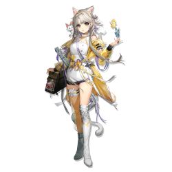 Rule 34 | 1girl, animal, animal ears, animal on shoulder, arknights, asymmetrical footwear, bag, bare shoulders, boots, cat, cat ears, cat on shoulder, cat tail, choker, full body, grey eyes, hand up, high-waist shorts, highres, infection monitor (arknights), jacket, kazemaru (arknights), long hair, long sleeves, looking at viewer, off shoulder, official art, open clothes, open jacket, parted lips, short shorts, shorts, silver hair, solo, standing, tail, thigh strap, thighs, transparent background, wenquangua, white choker, white footwear, white shorts, yellow jacket