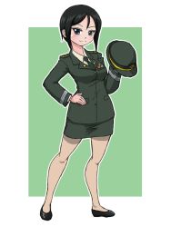 Rule 34 | 1girl, black eyes, black footwear, black hair, black necktie, blouse, chouno ami, closed mouth, commentary, commentary request, dress shirt, english commentary, female service cap, flats, full body, girls und panzer, green background, green jacket, green skirt, hand on own hip, hat, unworn hat, unworn headwear, holding, holding clothes, holding hat, jacket, japan ground self-defense force, japan self-defense force, long sleeves, looking at viewer, military, military hat, military uniform, miniskirt, mixed-language commentary, necktie, outline, outside border, pantyhose, pencil skirt, see-through, see-through legwear, shirt, shoes, short hair, skirt, smile, solo, standing, swept bangs, takahashi kurage, uniform, white outline, white shirt, wing collar
