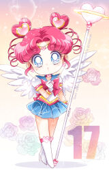 Rule 34 | 1girl, angel wings, back bow, bishoujo senshi sailor moon, blue eyes, blue sailor collar, blue skirt, boots, bow, bowtie, chibi chibi, child, choker, double bun, gloves, hair bun, hair ornament, heart, heart choker, heart hair bun, highres, holding, holding staff, knee boots, looking at viewer, mini wings, pleated skirt, puffy short sleeves, puffy sleeves, red bow, red bowtie, red hair, sailor chibi chibi, sailor collar, sailor senshi uniform, sarashina kau, short sleeves, sidelocks, skirt, solo, staff, tiara, twitter username, white footwear, white gloves, white wings, wings