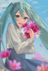 Rule 34 | 1girl, :d, absurdres, aqua eyes, aqua hair, asagihisui, blue skirt, blue sky, blurry, blurry foreground, bouquet, commentary, day, dress shirt, floating hair, flower, grey shirt, hair between eyes, hatsune miku, highres, holding, holding bouquet, long hair, long sleeves, looking at viewer, open mouth, outdoors, pink flower, red flower, shirt, skirt, sky, smile, solo, standing, very long hair, vocaloid, white flower
