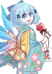 Rule 34 | 1girl, absurdres, back bow, bag, bagged fish, blue bow, blue eyes, blue hair, blue kimono, bow, cirno, cowboy shot, detal, fish, from side, hair bow, highres, ice, ice wings, japanese clothes, kimono, large bow, long sleeves, looking at viewer, medium hair, open mouth, shocho (shaojiujiu), simple background, solo, touhou, white background, wide sleeves, wings, yellow bow