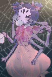 1girl arthropod_girl asano_(asamusuko) black_hair bow colored_skin commentary cowboy_shot cup extra_arms extra_eyes fewer_digits hair_bow highres holding holding_cup holding_teapot insect_girl mixed-language_commentary monster_girl muffet one_eye_closed puffy_short_sleeves puffy_sleeves pumpkin-shaped_pants purple_skin short_hair short_sleeves silk solo spider_girl spider_web teacup teapot two_side_up undertale