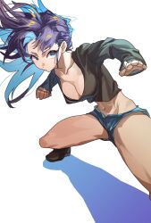 Rule 34 | 1girl, absurdres, black shirt, blue eyes, blue hair, blue shorts, breasts, cleavage, clenched hand, collarbone, colored inner hair, crop top, fighting stance, highres, long hair, long sleeves, medium breasts, midriff, multicolored hair, navel, original, purple hair, rasetsu001, shadow, shirt, short shorts, shorts, simple background, solo, two-tone hair, white background