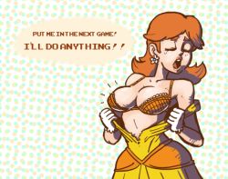 Rule 34 | 1girl, bad deviantart id, bad id, bra, breasts, brown hair, cleavage, dress, earrings, english text, closed eyes, gloves, jewelry, lipstick, long hair, makeup, mario (series), nintendo, open mouth, orange hair, penelope and me, princess daisy, sexually suggestive, solo, strapless, strapless dress, super mario land, super smash bros., tearing clothes, torn clothes, underwear, undressing, white gloves, wide hips, yellow dress