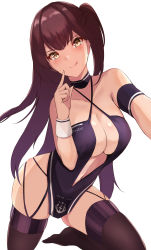 Rule 34 | 1girl, absurdres, arm strap, azur lane, bare shoulders, black choker, black hair, black legwear, blush, breasts, choker, cleavage, clothing cutout, collarbone, commentary request, copyright name, criss-cross halter, finger to mouth, halterneck, haneramu, head tilt, highres, kneeling, large breasts, licking lips, long hair, looking at viewer, multiple straps, navel, navel cutout, one side up, race queen, simple background, solo, tongue, tongue out, white background, zuikaku (azur lane), zuikaku (the wind&#039;s true name) (azur lane)