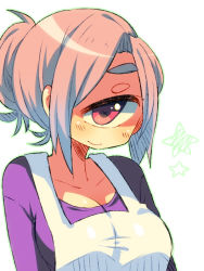 Rule 34 | 1girl, apron, closed mouth, cyclops, looking at viewer, muroku (aimichiyo0526), one-eyed, original, pink hair, ponytail, purple shirt, red eyes, shirt, short hair, simple background, smile, solo, upper body, white apron, white background, x x
