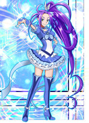 Rule 34 | 10s, 1girl, absurdres, amawa kazuhiro, blue footwear, boots, cure beat, earrings, full body, hand on own hip, high heel boots, high heels, highres, jewelry, knee boots, kurokawa eren, long hair, pointing, pointing at viewer, ponytail, precure, purple hair, seiren (suite precure), solo, suite precure, thigh boots, thighhighs, toei animation, very long hair, yellow eyes