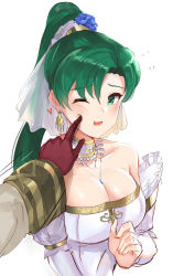 Rule 34 | 1girl, bare shoulders, blush, breasts, bridal veil, bride, cheek poking, cleavage, collarbone, detached collar, detached sleeves, dress, earrings, fire emblem, fire emblem: the blazing blade, flying sweatdrops, frilled sleeves, frills, gloves, green eyes, green hair, heart, heart in eye, high ponytail, highres, jewelry, kiran (fire emblem), kiran (male) (fire emblem), large breasts, long hair, long sleeves, looking at viewer, lyn (bridal) (fire emblem), lyn (fire emblem), necklace, nintendo, official alternate costume, open mouth, ormille, parted bangs, poking, pov, purple gloves, solo focus, strapless, strapless dress, symbol in eye, upper body, veil, very long hair, wedding dress, white dress