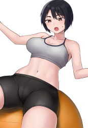 Rule 34 | 1girl, ball, bike shorts, black hair, breasts, brown eyes, collarbone, commentary request, exercise ball, hair between eyes, hashi, medium breasts, navel, open mouth, original, sagging breasts, short hair, simple background, solo, sports bra, sweat, thighs, tomboy, white background