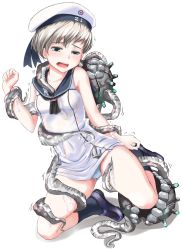Rule 34 | abyssal ship, black socks, breasts, collarbone, dress, enemy naval mine (kancolle), grey eyes, hat, highres, kantai collection, knck, panties, sailor collar, sailor dress, sailor hat, short hair, silver hair, simple background, sleeveless, sleeveless dress, small breasts, socks, solo, tentacles, underwear, white background, white hat, white panties, z1 leberecht maass (kancolle)