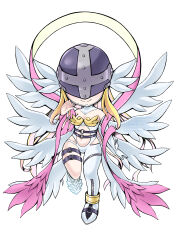 Rule 34 | 1girl, absurdres, angel, angel wings, angewomon, armor, asymmetrical legwear, bare shoulders, belt, black belt, blonde hair, breastplate, chibi, clothing cutout, commentary request, covered eyes, digimon, digimon (creature), elbow gloves, feathered wings, gloves, head wings, helmet, helmet over eyes, highres, long hair, multiple wings, navel, o-ring, pink ribbon, ribbon, shingetsu (doru0222), single glove, smile, solo, stomach cutout, thigh strap, watermark, white gloves, white wings, wings