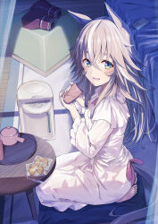 Rule 34 | 1girl, alternate costume, animal ears, barefoot, bed, bedroom, boxing gloves, cellphone, clothing cutout, cup, gradient eyes, grey hair, hair between eyes, highres, holding, holding cup, horse ears, horse girl, horse tail, long hair, looking at viewer, loungewear, multicolored eyes, multicolored hair, murasaki himuro, open mouth, phone, seiza, sitting, solo, streaked hair, table, tail, tail through clothes, tea, thick eyebrows, umamusume, white hair, wonder acute (umamusume)