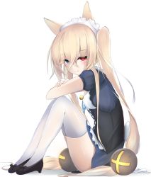 Rule 34 | 1girl, alternate costume, animal ears, bell, black footwear, blonde hair, blue eyes, blue skirt, blush, closed mouth, corset, enmaided, from side, full body, g41 (girls&#039; frontline), girls&#039; frontline, hair between eyes, hair bobbles, hair ornament, half-closed eyes, heterochromia, highres, jingle bell, legs together, long hair, looking at viewer, maid, maid headdress, puffy short sleeves, puffy sleeves, red eyes, shoes, short sleeves, sitting, skirt, solo, thighhighs, thighs, transparent background, tsurime, very long hair, white thighhighs, xiaobai (cheng pan)