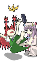 Rule 34 | 2girls, bad id, bad pixiv id, banana peel, barefoot, chibi, china dress, chinese clothes, dress, falling, feet, female focus, hat, hong meiling, immaterial and missing power, long hair, multiple girls, nyantalab, patchouli knowledge, purple eyes, purple hair, red hair, simple background, touhou, tripping, white background