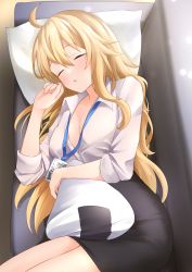 Rule 34 | 1girl, absurdres, ahoge, alternate costume, b1ack illust, black skirt, blonde hair, breasts, cleavage, closed eyes, collarbone, couch, dress shirt, food, hair between eyes, highres, hoshii miki, id card, idolmaster, idolmaster million live!, idolmaster million live! theater days, lanyard, large breasts, long hair, lying, medium breasts, office lady, on couch, onigiri, open mouth, partially unbuttoned, pencil skirt, pillow, shirt, sidelocks, skirt, sleeping, solo