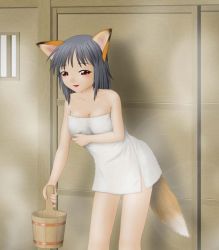 Rule 34 | 1girl, black hair, blush, cleavage, fox ears, fox tail, looking at viewer, naked towel, oka takeshi, red eyes, short hair, smile, solo, tail