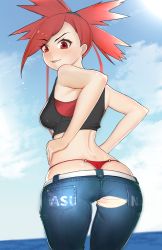 Rule 34 | 1girl, absurdres, ass, belt, bikini, bikini under clothes, blue sky, breasts, character name, closed mouth, clothes writing, cloud, commentary request, cowboy shot, creatures (company), crop top, day, denim, derivative work, flannery (pokemon), from behind, game freak, gatchan, grey background, gym leader, highleg, highleg panties, highres, huge filesize, jeans, layered clothes, looking back, lowleg, lowleg pants, medium breasts, nintendo, o-ring, o-ring bottom, o-ring panties, outdoors, panties, pants, pokemon, pokemon oras, red bikini, red eyes, red hair, revision, sky, solo, standing, string panties, swimsuit, thong, thong bikini, tongue, tongue out, torn clothes, torn jeans, torn pants, underwear, whale tail (clothing), white belt