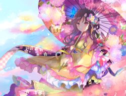Rule 34 | 1girl, brown hair, bug, butterfly, commentary request, floral print, flower, frilled sleeves, frills, hair flower, hair ornament, holding, holding umbrella, bug, japanese clothes, kazu (muchuukai), kimono, long hair, long sleeves, oil-paper umbrella, original, petals, pink eyes, sash, sky, tassel, umbrella, wide sleeves, yellow kimono