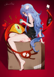 Rule 34 | 1girl, absurdres, ayanami rei, bare arms, bare legs, barefoot, black shirt, blue hair, blue nails, bottle, box, feet, from side, full body, grandia lee, highres, holding, holding bottle, legs, long hair, looking down, nail polish, neon genesis evangelion, on box, profile, red eyes, shirt, signature, simple background, sitting, sitting on box, sleeveless, sleeveless shirt, solo, toenail polish, toenails, toes, very long hair