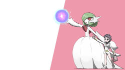 Rule 34 | 2girls, arm up, bag, bare shoulders, blacknirrow, blue eyes, bob cut, breasts, brown hair, choker, closed mouth, coat, colored skin, creatures (company), diantha (pokemon), dress, elbow gloves, energy ball, female focus, flat chest, forehead, full body, game freak, gardevoir, gen 3 pokemon, gloves, green hair, hair over one eye, handbag, happy, highres, holding, holding bag, jewelry, jumpsuit, legs, long sleeves, looking to the side, mega gardevoir, mega pokemon, moonblast (pokemon), multiple girls, necklace, nintendo, one eye covered, open clothes, open coat, open mouth, outstretched arm, pink background, pokemon, pokemon (creature), pokemon move, pokemon xy, red eyes, shoes, short hair, short jumpsuit, simple background, small breasts, smile, standing, strapless, strapless dress, thighs, two-tone background, white background, white choker, white coat, white footwear, white gloves, white jumpsuit, white skin