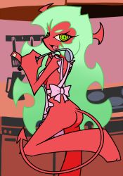 Rule 34 | 1girl, apron, ass, colored skin, commentary request, demon girl, fang, green hair, ladle, long hair, naked apron, neichii, official style, panty &amp; stocking with garterbelt, red skin, scanty (psg), solo, tail, yellow eyes