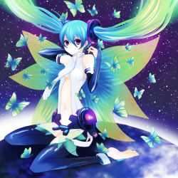 Rule 34 | 1girl, anklet, aqua hair, bad id, bad pixiv id, barefoot, bridal gauntlets, bug, butterfly, center opening, floating hair, hatsune miku, hatsune miku (append), headphones, highres, bug, jewelry, kneeling, long hair, looking at viewer, md5 mismatch, navel, purple eyes, sitting, sky, solo, star (sky), starry sky, thighhighs, twintails, vocaloid, vocaloid append, wariza, wings, wogura