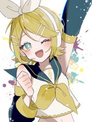 Rule 34 | + +, 1girl, aqua eyes, arm up, armpit peek, bare shoulders, black sailor collar, black sleeves, blonde hair, bow, clenched hand, crop top, detached sleeves, hair bow, hand up, headphones, kagamine rin, light blush, looking to the side, maca1227, navel, neckerchief, one eye closed, open mouth, paint splatter, sailor collar, shirt, short hair, sidelocks, simple background, sleeveless, sleeveless shirt, smile, solo, star (symbol), swept bangs, symbol-shaped pupils, vocaloid, white background, white bow, white headphones, white shirt, yellow neckerchief
