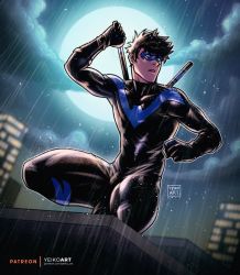 Rule 34 | 1boy, batman (series), black bodysuit, black gloves, black hair, bodysuit, cloud, dc comics, domino mask, full moon, gloves, highres, holding, holding weapon, male focus, mask, moon, moonlight, muscular, muscular male, night, night sky, nightwing, outdoors, rain, short hair, skin tight, sky, solo, spiked hair, squatting, thick thighs, thighs, water drop, watermark, weapon, yeiko art