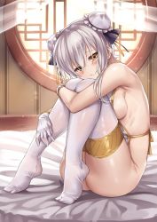 Rule 34 | 1girl, ass, blush, breasts, bun cover, closed mouth, double bun, full body, hair between eyes, hair bun, head rest, head tilt, hugging own legs, indoors, ks (xephyrks), looking at viewer, medium breasts, on bed, revealing clothes, second-party source, sideboob, silver hair, sitting, skindentation, smile, solo, thighhighs, white thighhighs, yellow eyes, you can eat the girl