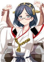 Rule 34 | 10s, 1girl, armpits, arms up, bar censor, bare shoulders, black hair, blue eyes, blush, breasts, censored, clearite, glasses, green-framed eyewear, hair ornament, highres, holding another&#039;s wrist, japanese clothes, kantai collection, kirishima (kancolle), looking at viewer, medium breasts, restrained, semi-rimless eyewear, short hair, solo focus, trembling, under-rim eyewear