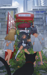 Rule 34 | 3girls, angel, angel wings, animal, animal on head, animal on lap, arms behind back, bare arms, bare shoulders, barefoot, bird, bird on head, bird on lap, black cat, black dress, black footwear, black hair, black headwear, blonde hair, building, cat, chinese commentary, city, closed eyes, cloud, commentary request, day, dress, feathered wings, from behind, goose, grass, grey hair, halo, hands on own hips, hat, highres, holding, holding stick, kimonogo, kneehighs, long hair, mary janes, messy hair, multiple girls, on head, on lap, one eye covered, open mouth, original, outdoors, overgrown, own hands clasped, own hands together, phone booth, plant, shoes, short hair, sitting, sleeveless, sleeveless dress, socks, spaghetti strap, standing, stick, sundress, vines, white dress, white socks, wings, witch, witch hat
