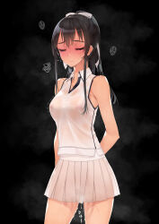 1girl bare_shoulders black_hair breasts closed_eyes collar covered_erect_nipples highres long_hair medium_breasts murakami_suigun nipples original pleated_skirt ponytail pussy_juice see-through_clothes shirt sidelocks skirt solo sportswear t-shirt tennis_uniform