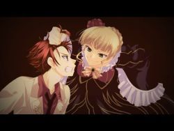 Rule 34 | 00s, 1boy, 1girl, ascot, beatrice (umineko), blonde hair, brooch, clenched teeth, expressionless, eye contact, gem, grabbing another&#039;s hair, ico (pekoguest), jewelry, letterboxed, long sleeves, looking at another, open mouth, red hair, short hair, smirk, teeth, umineko no naku koro ni, upper body, ushiromiya battler
