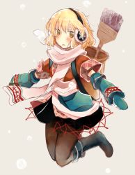Rule 34 | 1girl, adapted costume, arm warmers, atoki, backpack, bag, black pantyhose, blonde hair, boots, broom, earmuffs, green eyes, mittens, mizuhashi parsee, open mouth, pantyhose, sash, scarf, shirt, short sleeves, solo, touhou