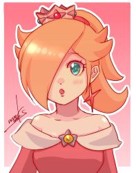 Rule 34 | 1girl, bare shoulders, blonde hair, blue eyes, blush, brooch, crown, dress, earrings, fire rosalina, hair over one eye, highres, jewelry, looking at viewer, mario (series), nintendo, nonoworks, off-shoulder dress, off shoulder, open mouth, outline, ponytail, red background, red dress, rosalina, signature, solo, star (symbol), star earrings, super mario 3d world, upper body, white outline