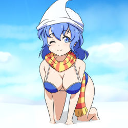 Rule 34 | 1girl, ;), all fours, bikini, blue bikini, blue eyes, blue hair, blue sky, breasts, c:, cato (monocatienus), cleavage, cloud, day, female focus, hat, large breasts, letty whiterock, looking at viewer, matching hair/eyes, one eye closed, scarf, sky, smile, snow, solo, swimsuit, touhou, triangular headpiece
