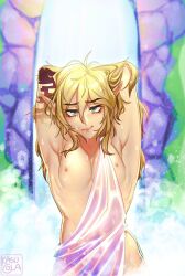 Rule 34 | 1boy, armpits, arms behind head, blonde hair, blue eyes, commentary, english commentary, hair between eyes, highres, kasucola, link, long hair, looking at viewer, male focus, nintendo, nipples, pointy ears, solo, the legend of zelda, the legend of zelda: tears of the kingdom, upper body, watermark, wet, wet clothes