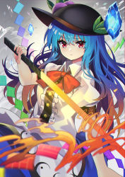 Rule 34 | 1girl, absurdres, blue hair, blue skirt, bow, bowtie, breasts, center frills, closed mouth, commentary request, expressionless, food, frills, fruit, grey background, hat, highres, hinanawi tenshi, holding, holding sword, holding weapon, long hair, looking at viewer, medium breasts, puffy short sleeves, puffy sleeves, red bow, red bowtie, red eyes, shirt, short sleeves, simple background, skirt, solo, sword, sword of hisou, touhou, weapon, white shirt, yuujin (yuzinn333)