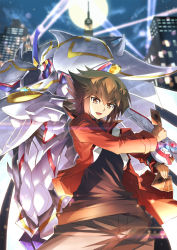 Rule 34 | 2boys, black shirt, blouse, brown eyes, brown hair, building, card, city, commentary, cropped legs, crossed arms, duel academy uniform (yu-gi-oh! gx), duel disk, duel monster, elemental hero shining neos wingman, green eyes, high collar, highres, holding, holding card, horns, jacket, looking at viewer, male focus, moon, multicolored hair, multiple boys, no mouth, open clothes, open jacket, open mouth, red jacket, shirt, single horn, tsuezu, two-tone hair, wings, yu-gi-oh!, yu-gi-oh! gx, yuki judai