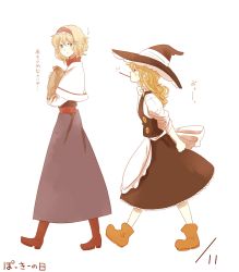 Rule 34 | 2girls, alice margatroid, bad id, bad twitter id, blonde hair, blush, boots, braid, capelet, couple, food, hairband, hat, height difference, highres, kirisame marisa, long hair, menbou (nonnontako), multiple girls, pocky, short hair, side braid, talking, text focus, touhou, translation request, walking, witch hat, yuri