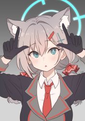 Rule 34 | 1girl, absurdres, alternate hairstyle, animal ear fluff, animal ears, artist name, black jacket, blue archive, blush, cat ears, collared shirt, cosplay, cross hair ornament, earrings, goyain, gradient background, green eyes, grey hair, hair ornament, hairclip, halo, highres, index fingers raised, izumi (blue archive), izumi (blue archive) (cosplay), jacket, jewelry, long hair, long sleeves, looking at viewer, low twintails, mismatched pupils, necktie, open mouth, red necktie, shiroko (blue archive), shirt, short twintails, solo, stud earrings, twintails, upper body, white shirt