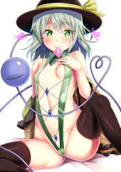 Rule 34 | 1girl, black thighhighs, blush, breasts, condom, condom in mouth, covered erect nipples, ebi 193, eyeball, green eyes, green hair, hat, hat ribbon, heart, heart-shaped pupils, heart of string, komeiji koishi, looking at viewer, matching hair/eyes, mouth hold, navel, revision, ribbon, short hair, sitting, small breasts, smile, solo, spread legs, symbol-shaped pupils, thighhighs, third eye, touhou