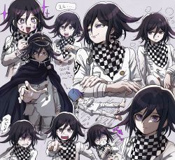 Rule 34 | 1boy, angry, aoki (fumomo), black headwear, book, buttons, cape, checkered clothes, checkered neckwear, checkered scarf, clenched hand, commentary request, crossed arms, danganronpa (series), danganronpa v3: killing harmony, double-breasted, foaming at the mouth, grey background, hair between eyes, hand up, jacket, long sleeves, looking at viewer, male focus, open book, oma kokichi, pointing, pointing at viewer, purple eyes, scarf, shaded face, short hair, simple background, smile, star-shaped pupils, star (symbol), straitjacket, sweat, symbol-shaped pupils
