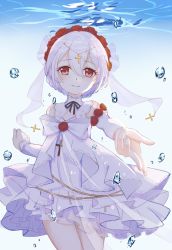 Rule 34 | 1girl, absurdres, bare shoulders, bridal veil, bride, closed mouth, cross, dress, flower, highres, honkai (series), honkai impact 3rd, looking at viewer, red eyes, red flower, red rose, rose, sleeveless, sleeveless dress, smile, solo, theresa apocalypse, theresa apocalypse (luna kindred), underwater, veil, water, wedding dress, white dress, white hair, white sleeves, yichuanxue